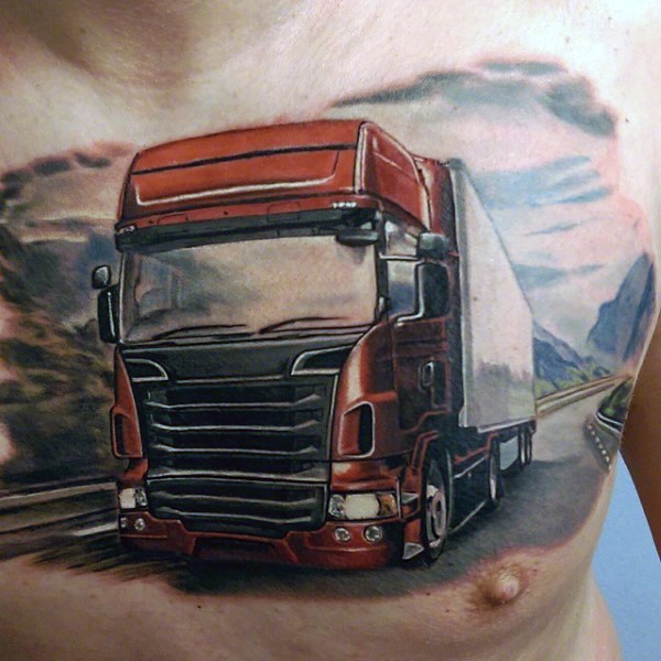 胸部写实彩色公路上的卡车纹身图案