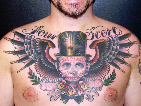 胸部墨西哥土著肖像翅膀纹身图案