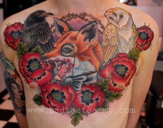 胸部old school彩色各种动物与花朵纹身图案