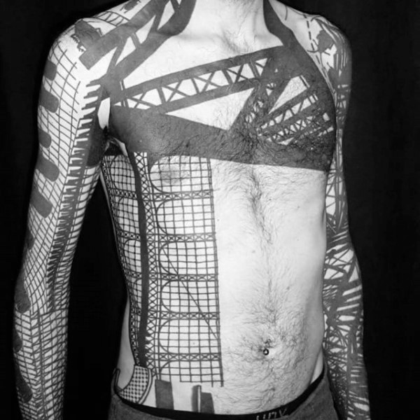 胸部和手臂个性的黑色建筑纹身图案