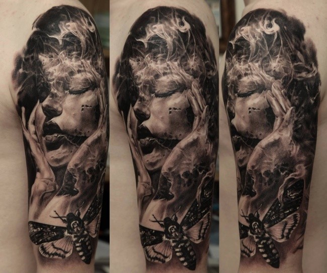 大臂写实风格黑白蝴蝶恐怖女人纹身图案