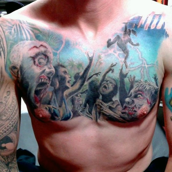 恐怖电影主题各种怪物彩色胸部纹身图案