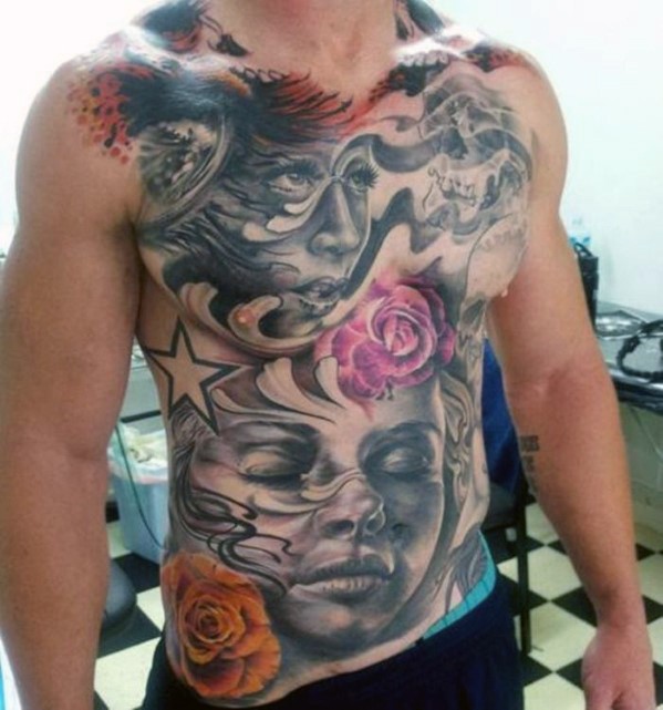 腹部有趣的彩绘玫瑰与各种肖像纹身图案