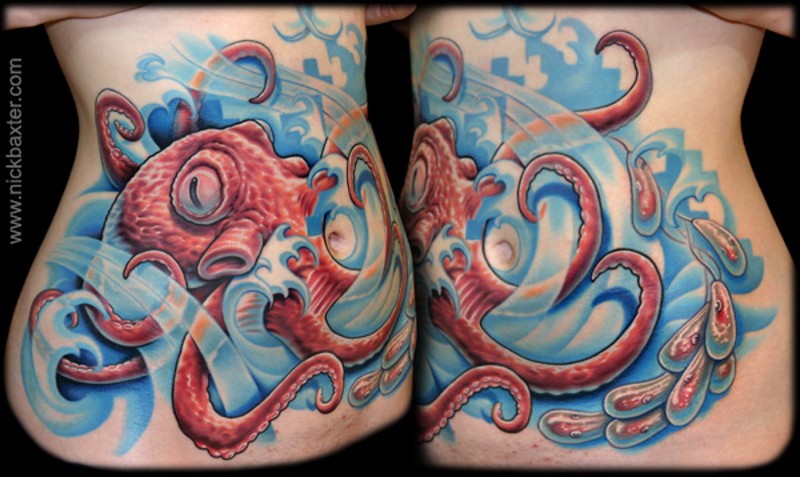 腹部卡通彩色大章鱼和波浪纹身图案