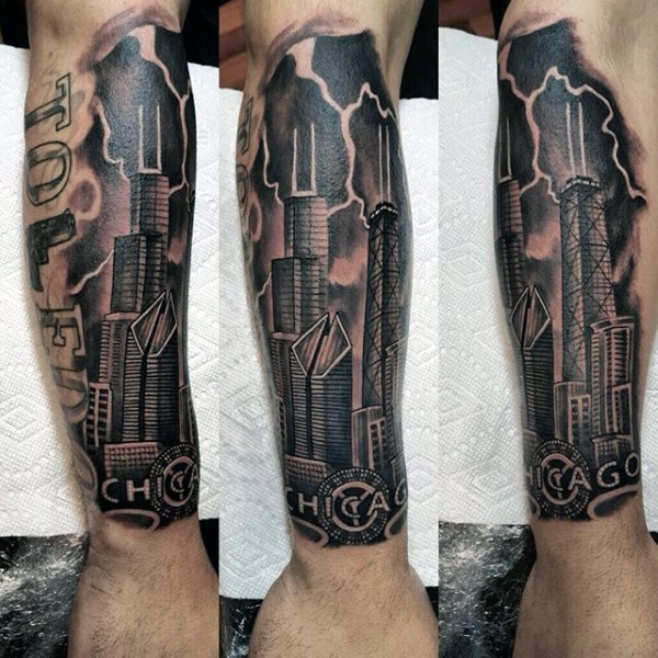 小臂栩栩如生的黑灰城市景观纹身图案