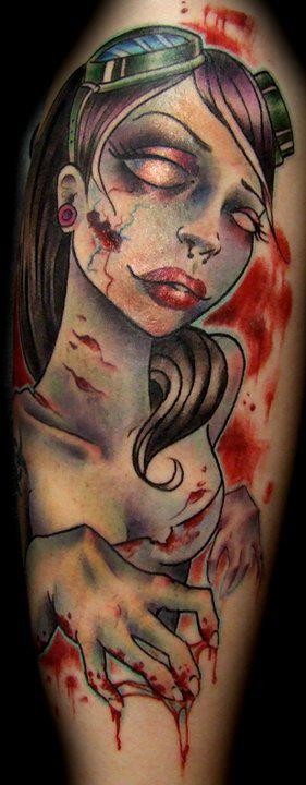 可怕的彩色僵尸女大臂纹身图案