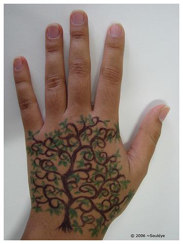 棕色树和绿叶手背纹身图案