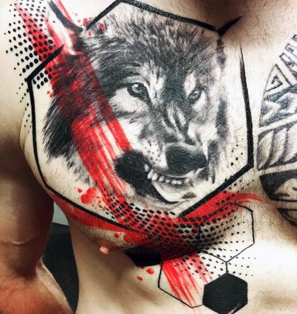 胸部彩色写实狼狼头狼纹身图案