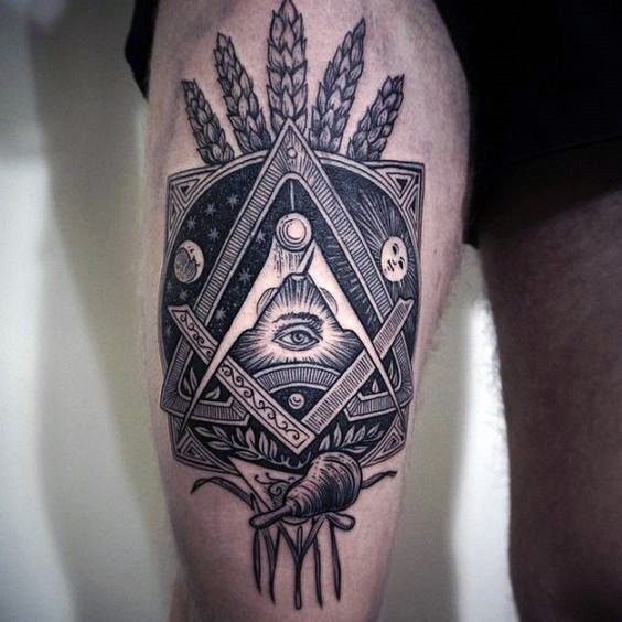 大腿黑色神秘的眼睛三角形大麦纹身图案