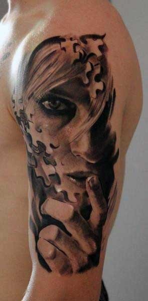手臂神秘的黑灰风格拼图女性肖像纹身图案