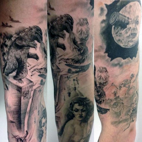 手臂巨大的黑灰哥拉斯和人像月球纹身图案