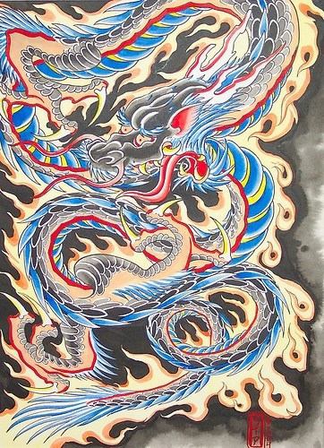 日式蓝色的龙纹身图案