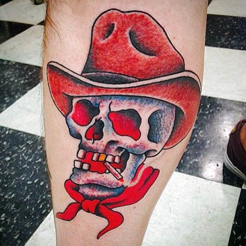 小腿卡通西部牛仔骷髅与黄金牙齿纹身图案
