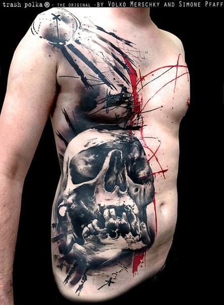 腹部彩色大面积骷髅纹身图案