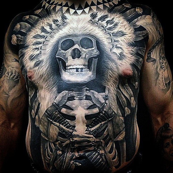 胸部和腹部印度战士骨架纹身图案