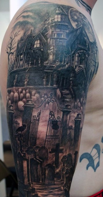 手臂大型黑白恐怖风格废弃的房子与墓地纹身图案