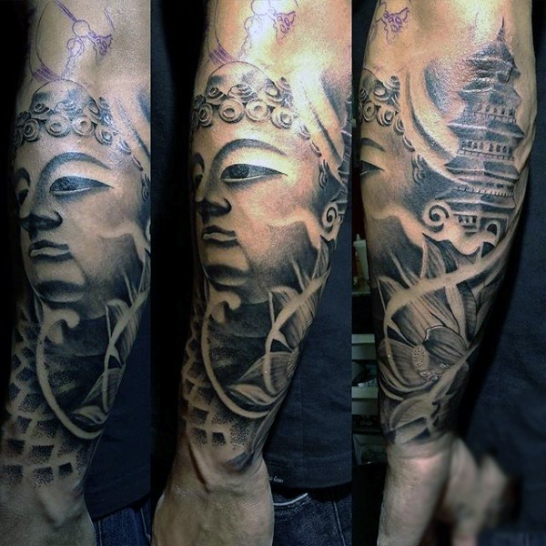 小臂印度教风格黑白如来佛祖雕像纹身图案