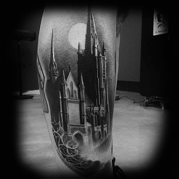 小腿写实幻想城堡黑白纹身图案