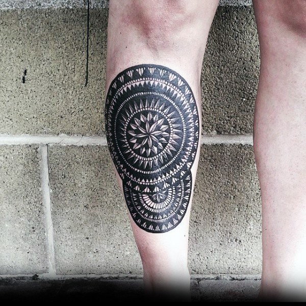 小腿好看的黑色梵花装饰纹身图案