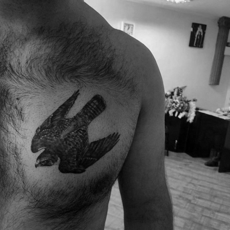 胸部写实的黑色飞鹰纹身图案
