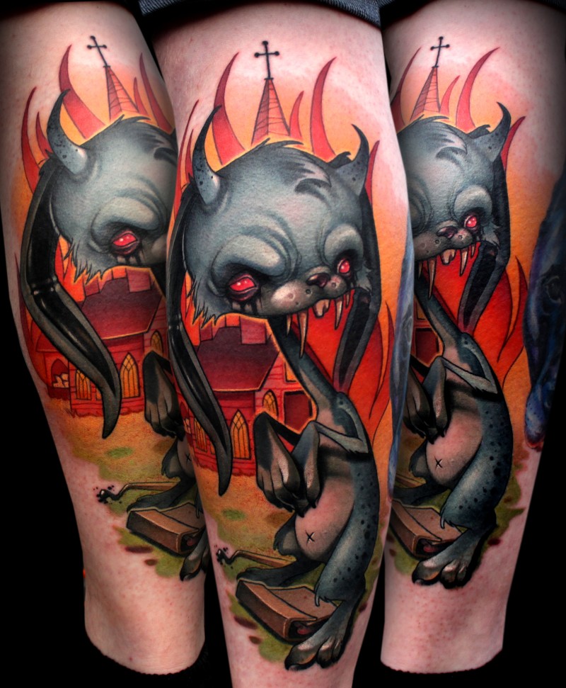 卡通怪兽恶魔猫和燃烧的房屋纹身图案