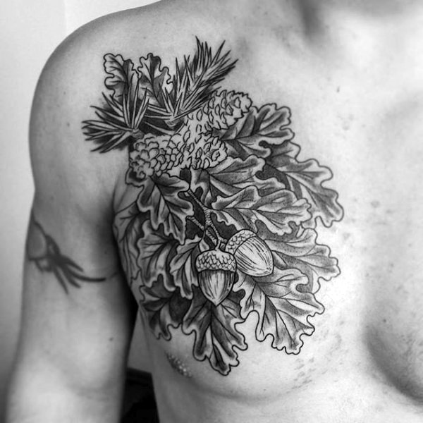 胸部漂亮的黑白植物叶子橡果纹身图案