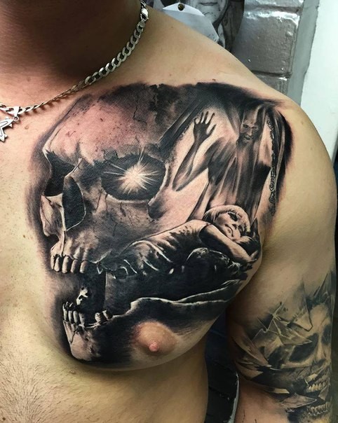 胸部恐怖风格骷髅与熟睡的孩子纹身图案