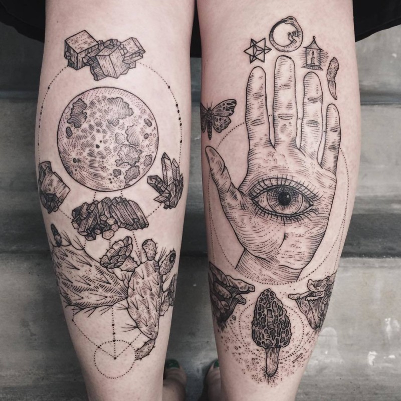 神秘雕刻风格黑色蘑菇与手和眼睛纹身图案