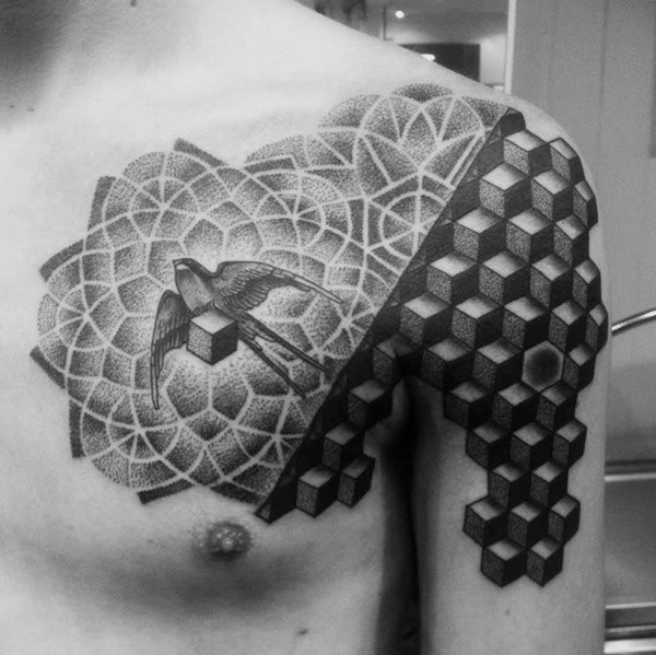 胸部立体方块模型和燕子纹身图案