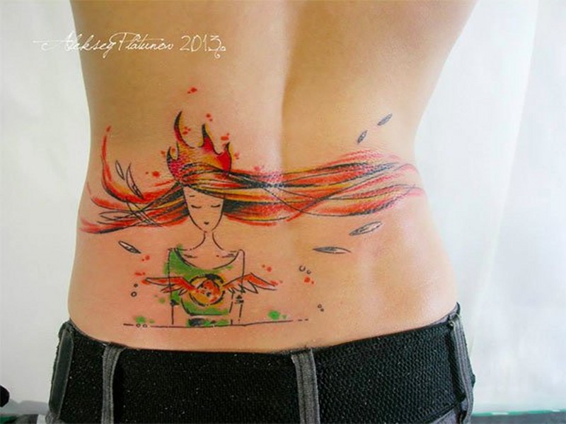 腰部有趣的彩色卡通小女孩纹身图案