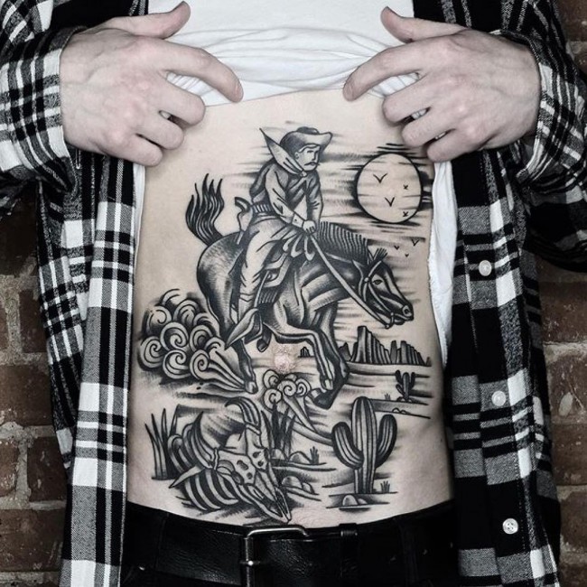 腹部黑色西部牛仔骑马和植物纹身图案