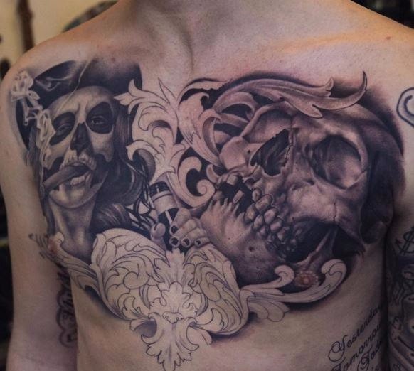 胸部黑灰骷髅与吸烟怪物纹身图案