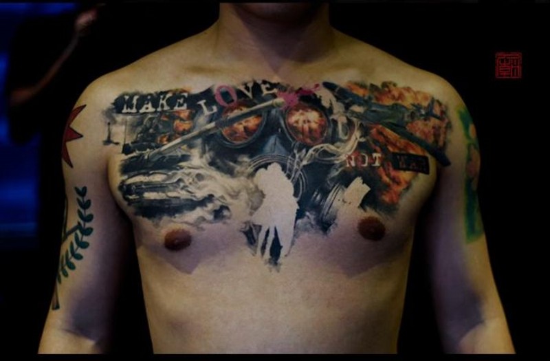 胸部现代军事防毒面具飞机和字母纹身图案