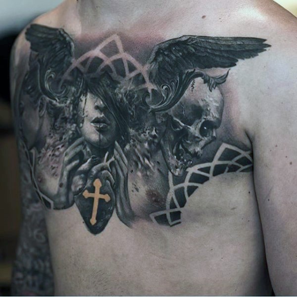 胸部神秘的黑白恶魔肖像与骷髅和心脏纹身图案