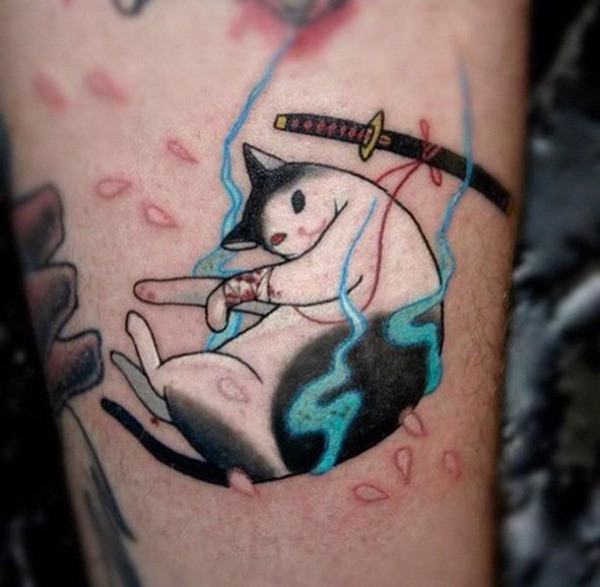 日式猫和剑纹身图案