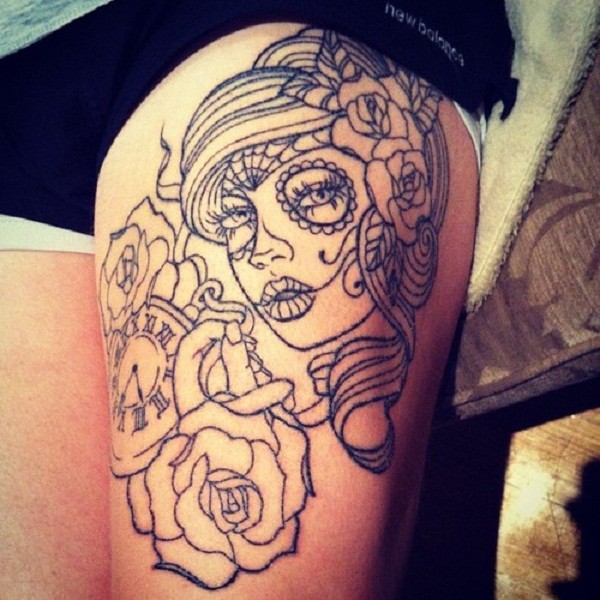 大腿黑色线条墨西哥传统女郎玫瑰纹身图案