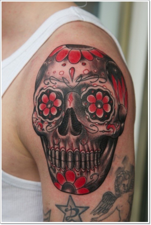 墨西哥黑色与红色骷髅纹身图案