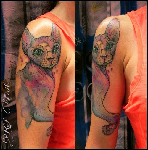肩部插画风格斯芬克斯猫纹身图案