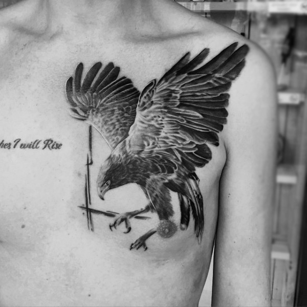 胸部逼真的黑灰老鹰纹身图案