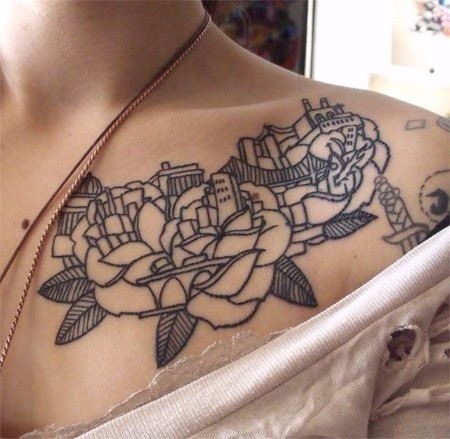 胸部黑色线条玫瑰组合城市纹身图案