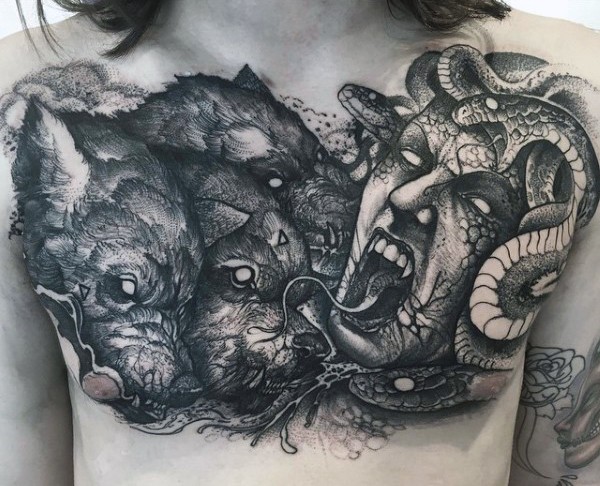 胸部邪恶美杜莎与三头狼纹身图案