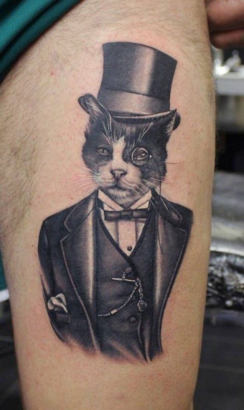 黑灰绅士猫肖像纹身图案