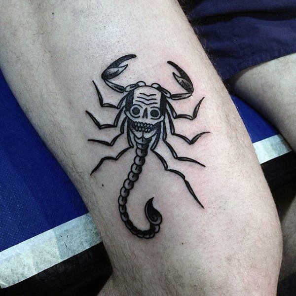 大腿黑色线条骷髅形状蝎子纹身图案