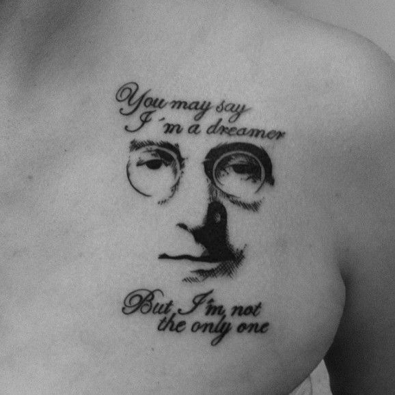 黑色胸部列侬肖像字母纹身图案