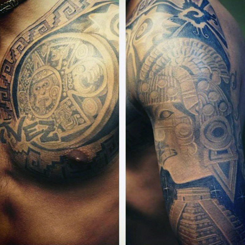 肩部和胸部玛雅符号纹身图案