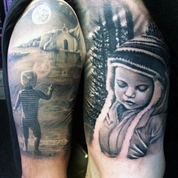 大臂写实黑色的儿童肖像纹身图案