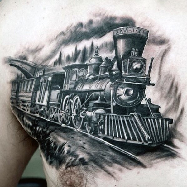 胸部逼真的黑色旧火车纹身图案