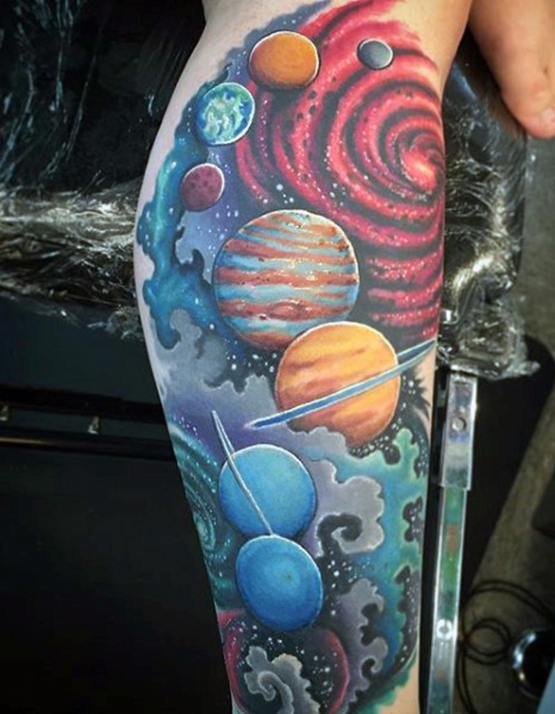 小腿卡通彩色太阳系星球纹身图案