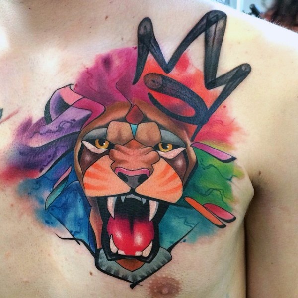 胸部彩色卡通狮子纹身图案