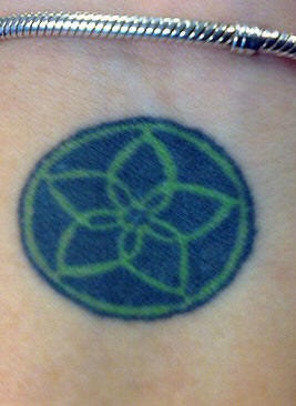 手腕上的蓝色和绿色花朵符号纹身图案